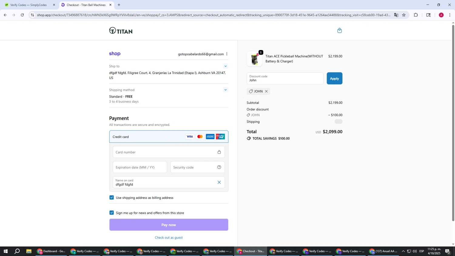 Titan Ball Machines promo code screenshot showing code John applied at Titan Ball Machines checkout page. Uploaded by SimplyCodes community member BMWGS1200 on Oct 5, 2025