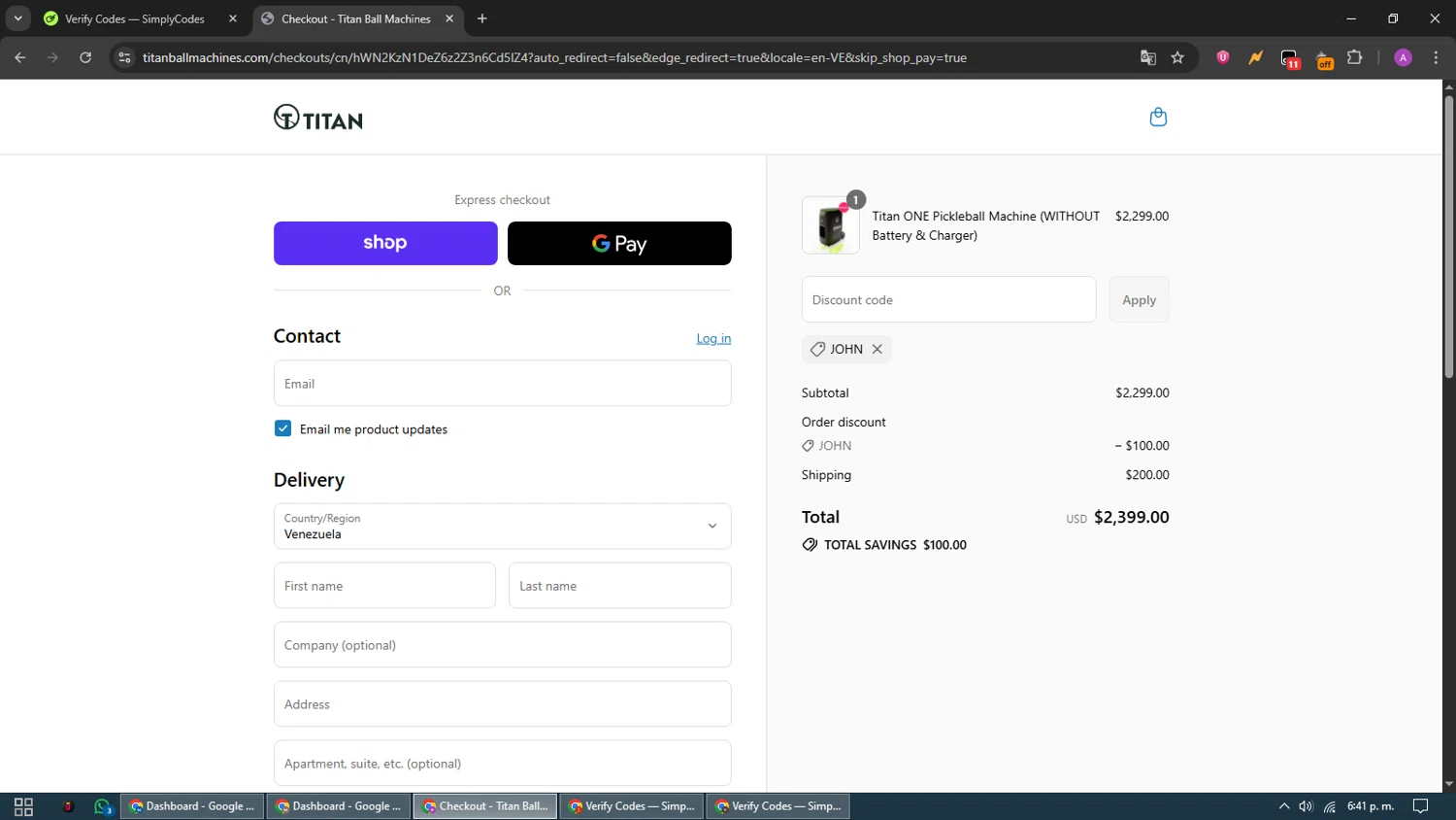 Titan Ball Machines promo code screenshot showing code John applied at Titan Ball Machines checkout page. Uploaded by SimplyCodes community member CouponScout5403 on Aug 28, 2025