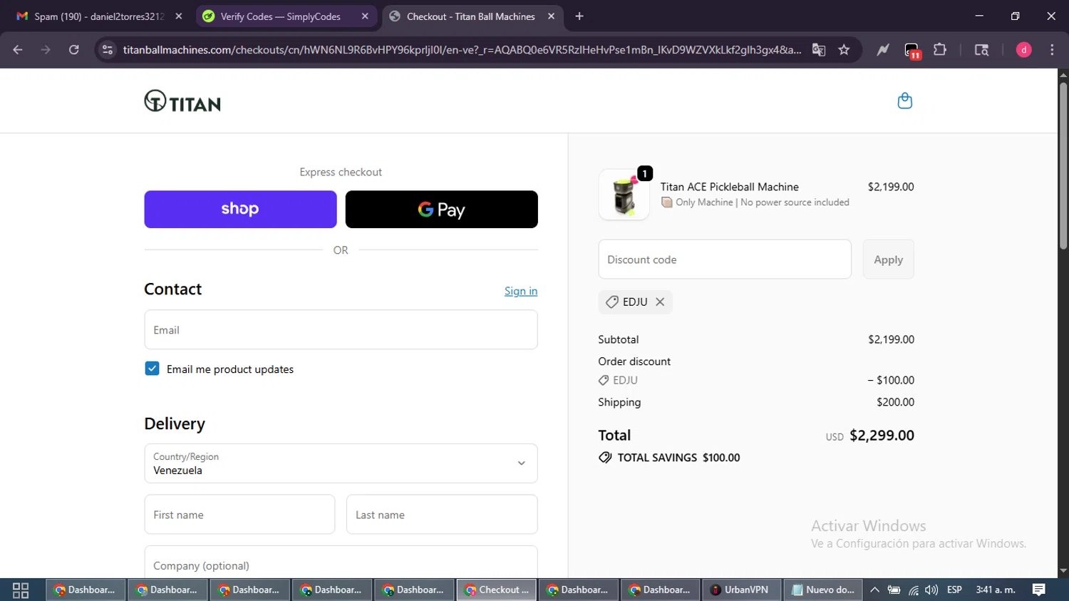 Titan Ball Machines promo code screenshot showing code EDJU applied at Titan Ball Machines checkout page. Uploaded by SimplyCodes community member MagnificentSpotter4236 on Dec 13, 2025