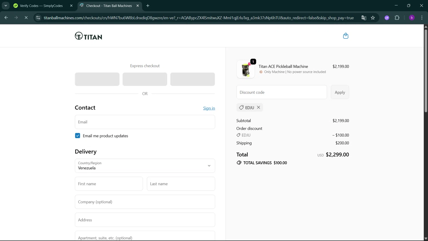 Titan Ball Machines promo code screenshot showing code EDJU applied at Titan Ball Machines checkout page. Uploaded by SimplyCodes community member RoyalSleuth2430 on Jan 14, 2026