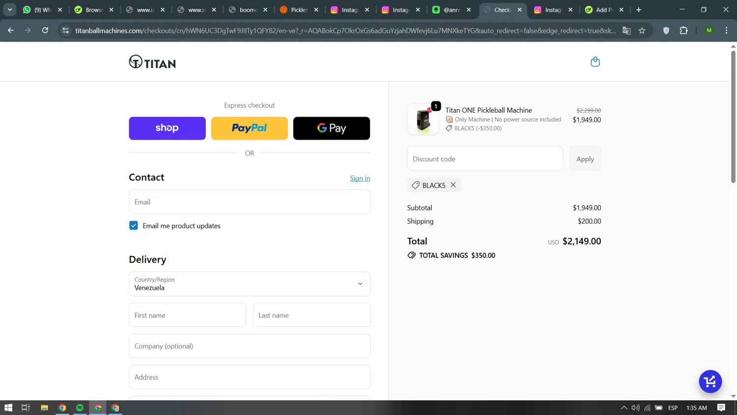 Titan Ball Machines promo code screenshot showing code BLACK5 applied at Titan Ball Machines checkout page. Uploaded by SimplyCodes community member becomeaware on Dec 16, 2025