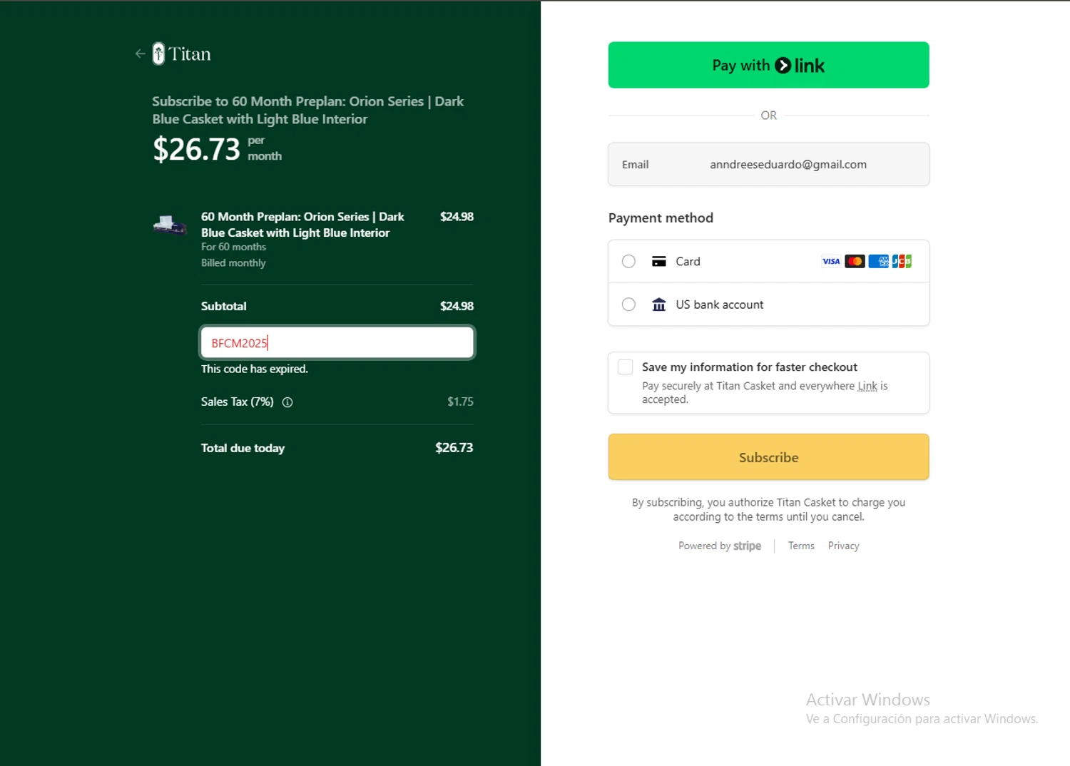 Titan Casket discount code screenshot showing code Bfcm2025 applied at Titan Casket checkout page. Uploaded by SimplyCodes community member SavvySaver9108 on Dec 4, 2025