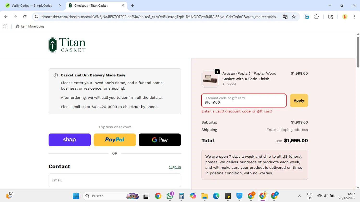 Titan Casket discount code screenshot showing code Bfcm100 applied at Titan Casket checkout page. Uploaded by SimplyCodes community member DiscountCollector3543 on Dec 22, 2025