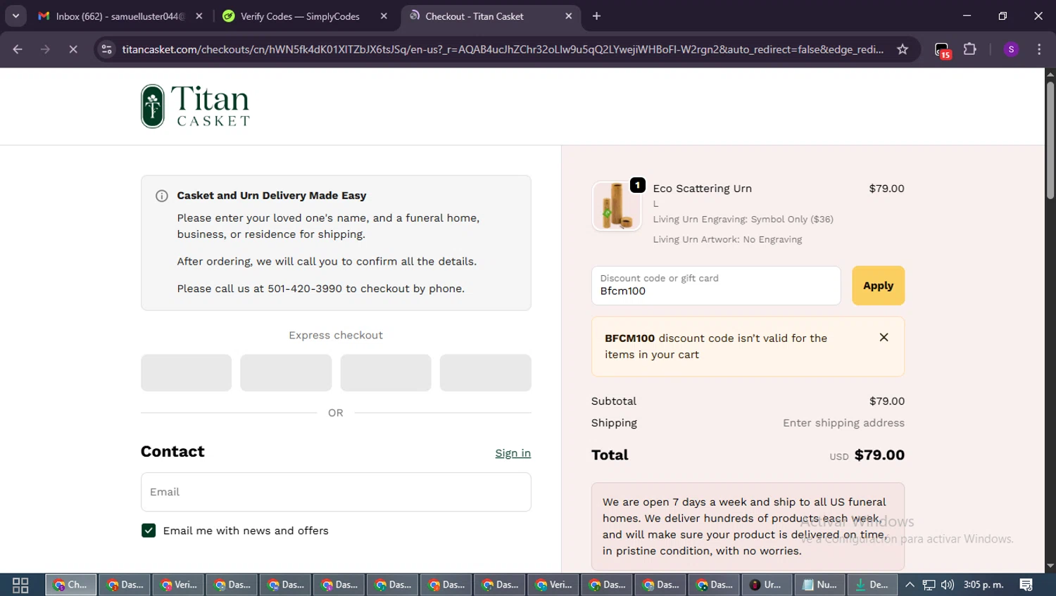 Titan Casket discount code screenshot showing code Bfcm100 applied at Titan Casket checkout page. Uploaded by SimplyCodes community member ShieldWarden7838 on Nov 24, 2025