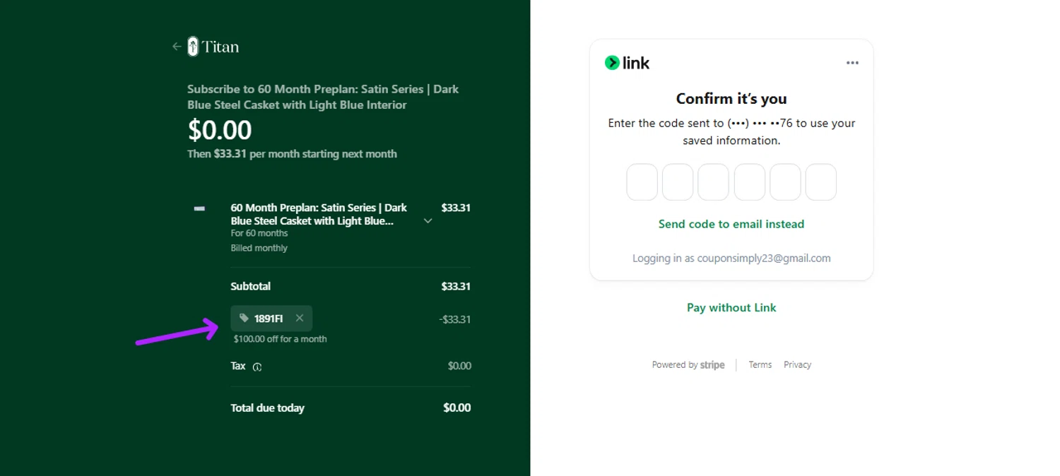 Titan Casket checkout page showing Titan Casket discount code box | Screenshot taken by SimplyCodes community member on Jan 11, 2026