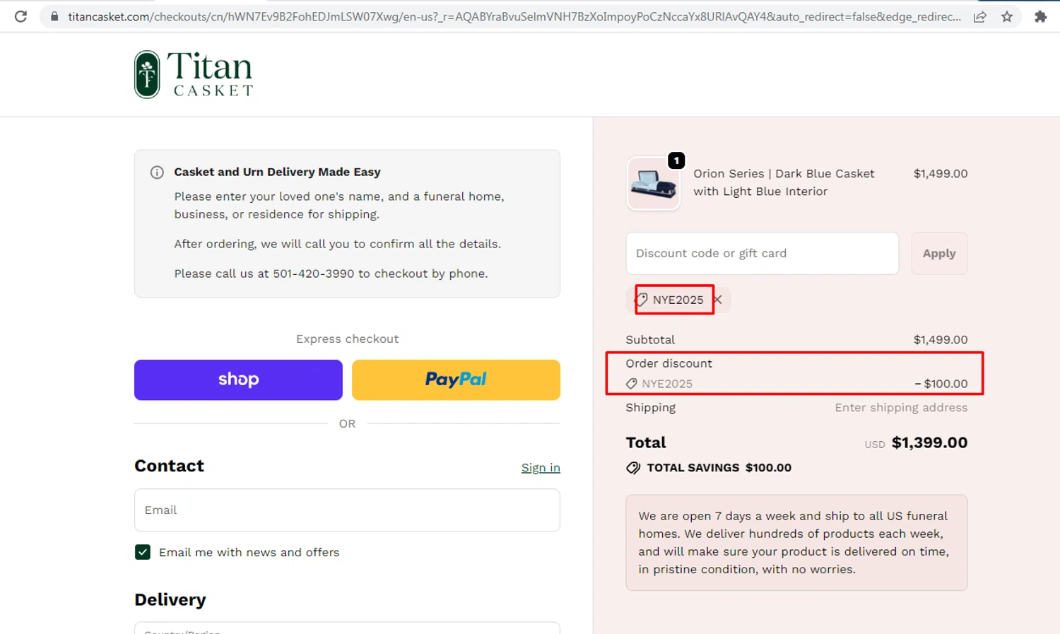 Titan Casket discount code screenshot showing code NYE2025 applied at Titan Casket checkout page. Uploaded by SimplyCodes community member nileskamarcano on Jan 5, 2026