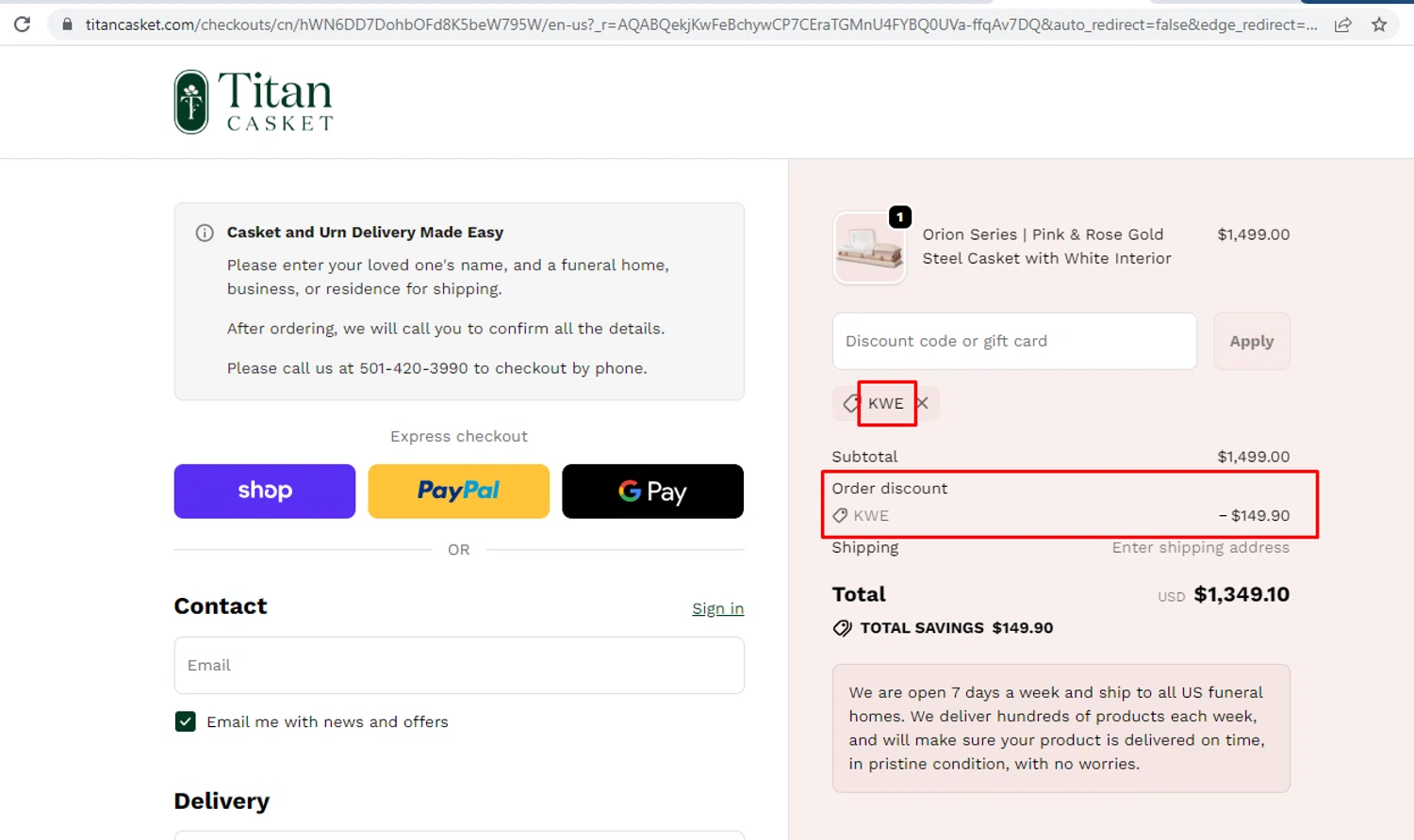 Titan Casket discount code screenshot showing code KWE applied at Titan Casket checkout page. Uploaded by SimplyCodes community member nileskamarcano on Dec 9, 2025