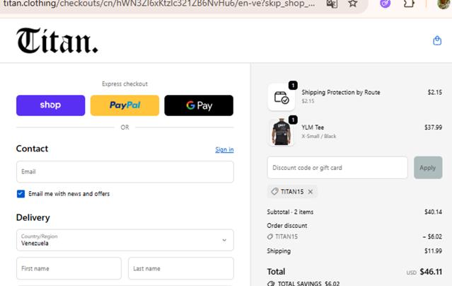 Titan Fitness checkout page showing Titan Fitness discount code box | Screenshot taken by SimplyCodes community member on Sep 30, 2025