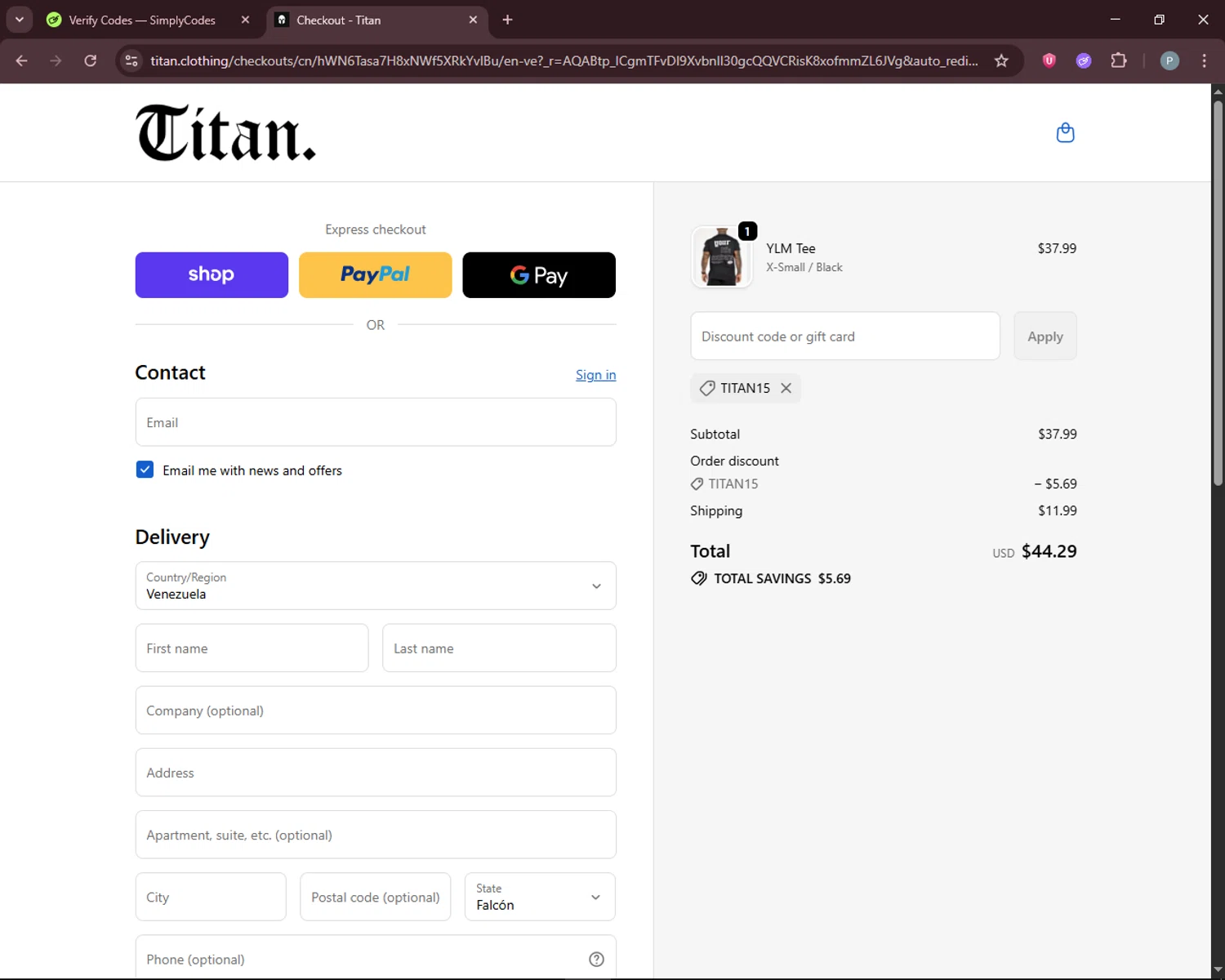 Titan Fitness checkout page showing Titan Fitness discount code box | Screenshot taken by SimplyCodes community member on Dec 15, 2025