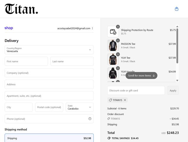 Titan Fitness checkout page showing Titan Fitness discount code box | Screenshot taken by SimplyCodes community member on Aug 30, 2025