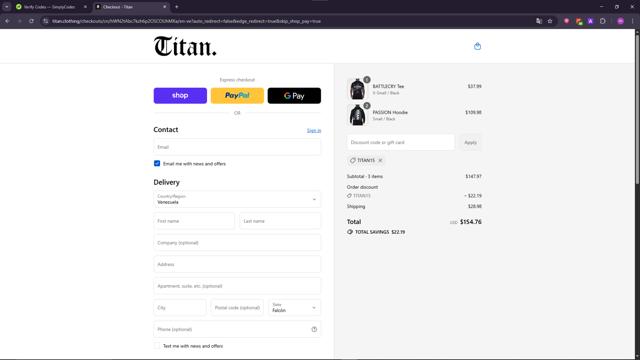 Titan Fitness checkout page showing Titan Fitness discount code box | Screenshot taken by SimplyCodes community member on Sep 12, 2025