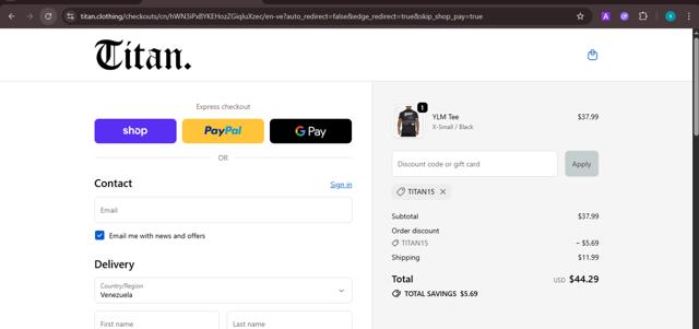 Titan Fitness checkout page showing Titan Fitness discount code box | Screenshot taken by SimplyCodes community member on Oct 4, 2025