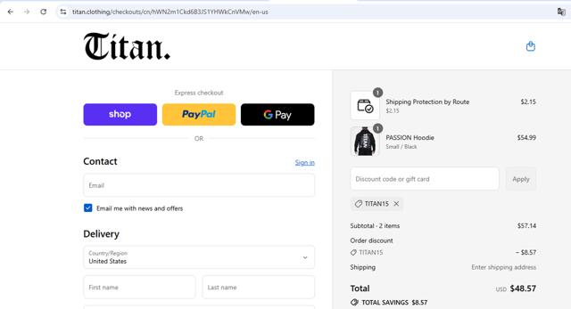 Titan Fitness checkout page showing Titan Fitness discount code box | Screenshot taken by SimplyCodes community member on Sep 9, 2025