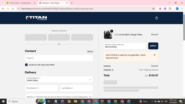 Titan Fitness checkout page showing Titan Fitness discount code box | Screenshot taken by SimplyCodes community member on Oct 4, 2025