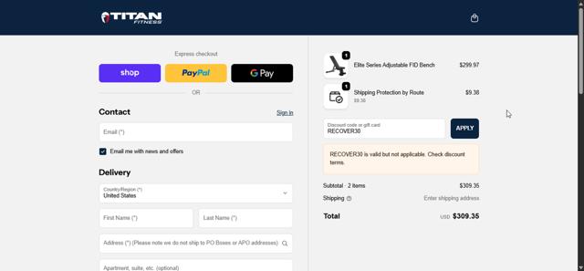 Titan Fitness checkout page showing Titan Fitness discount code box | Screenshot taken by SimplyCodes community member on Sep 24, 2025