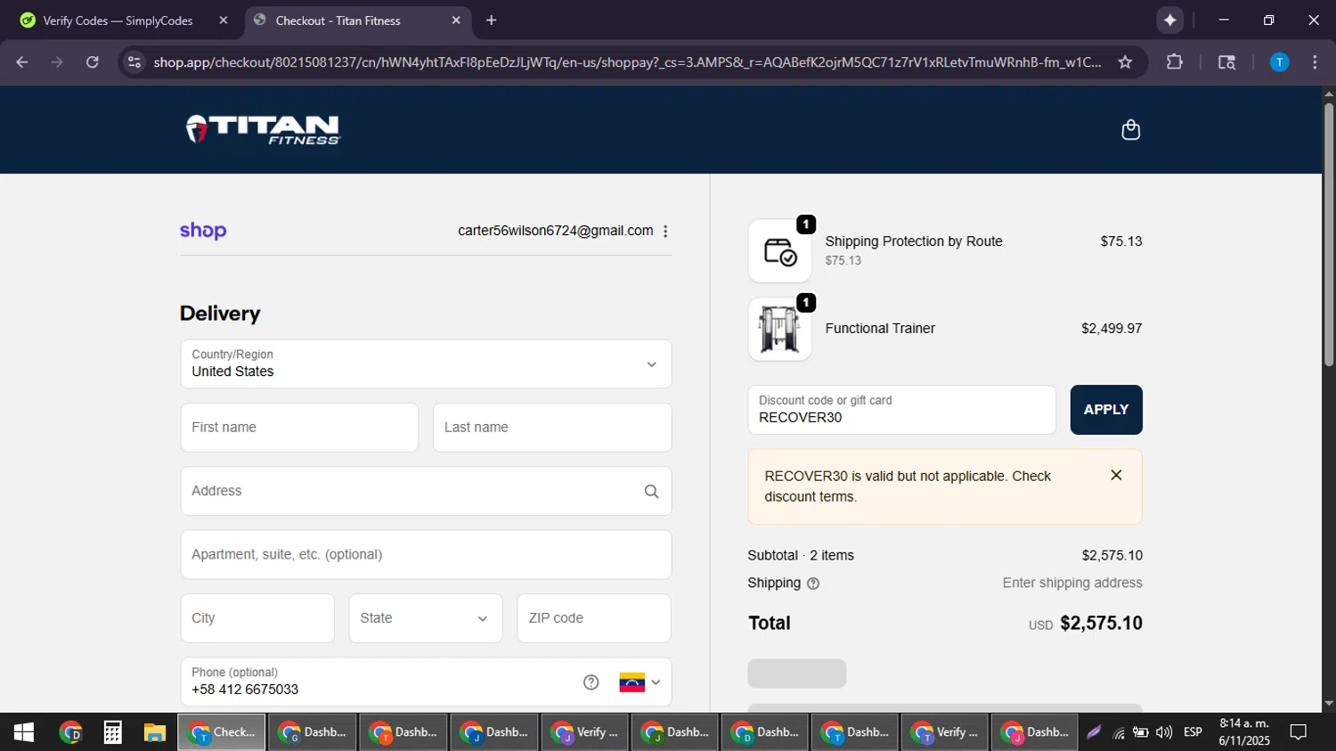 Titan Fitness discount code screenshot showing code RECOVER30 applied at Titan Fitness checkout page. Uploaded by SimplyCodes community member LuckyPioneer4530 on Nov 6, 2025