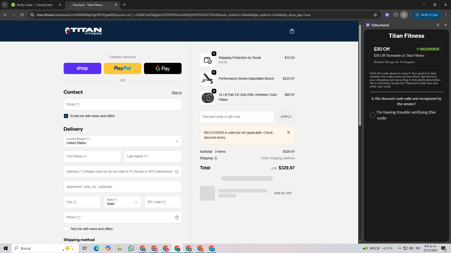 Titan Fitness discount code screenshot showing code RECOVER30 applied at Titan Fitness checkout page. Uploaded by SimplyCodes community member ScanSpotter8851 on Dec 23, 2025