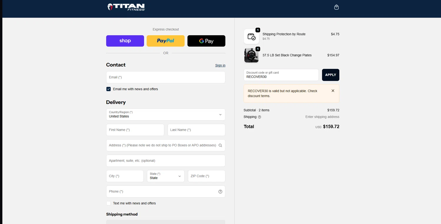 Titan Fitness discount code screenshot showing code RECOVER30 applied at Titan Fitness checkout page. Uploaded by SimplyCodes community member WiseDefender6803 on Oct 15, 2025