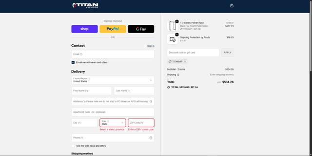 Titan Fitness checkout page showing Titan Fitness discount code box | Screenshot taken by SimplyCodes community member on Sep 23, 2025
