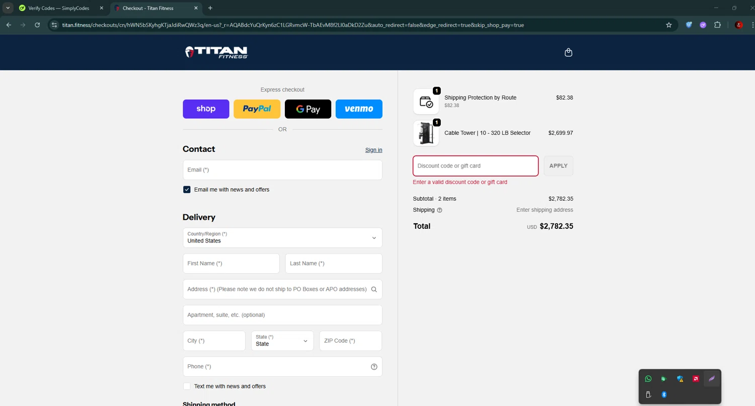 Titan Fitness discount code screenshot showing code CLAIM30%OFF applied at Titan Fitness checkout page. Uploaded by SimplyCodes community member BrilliantSaver7516 on Nov 22, 2025