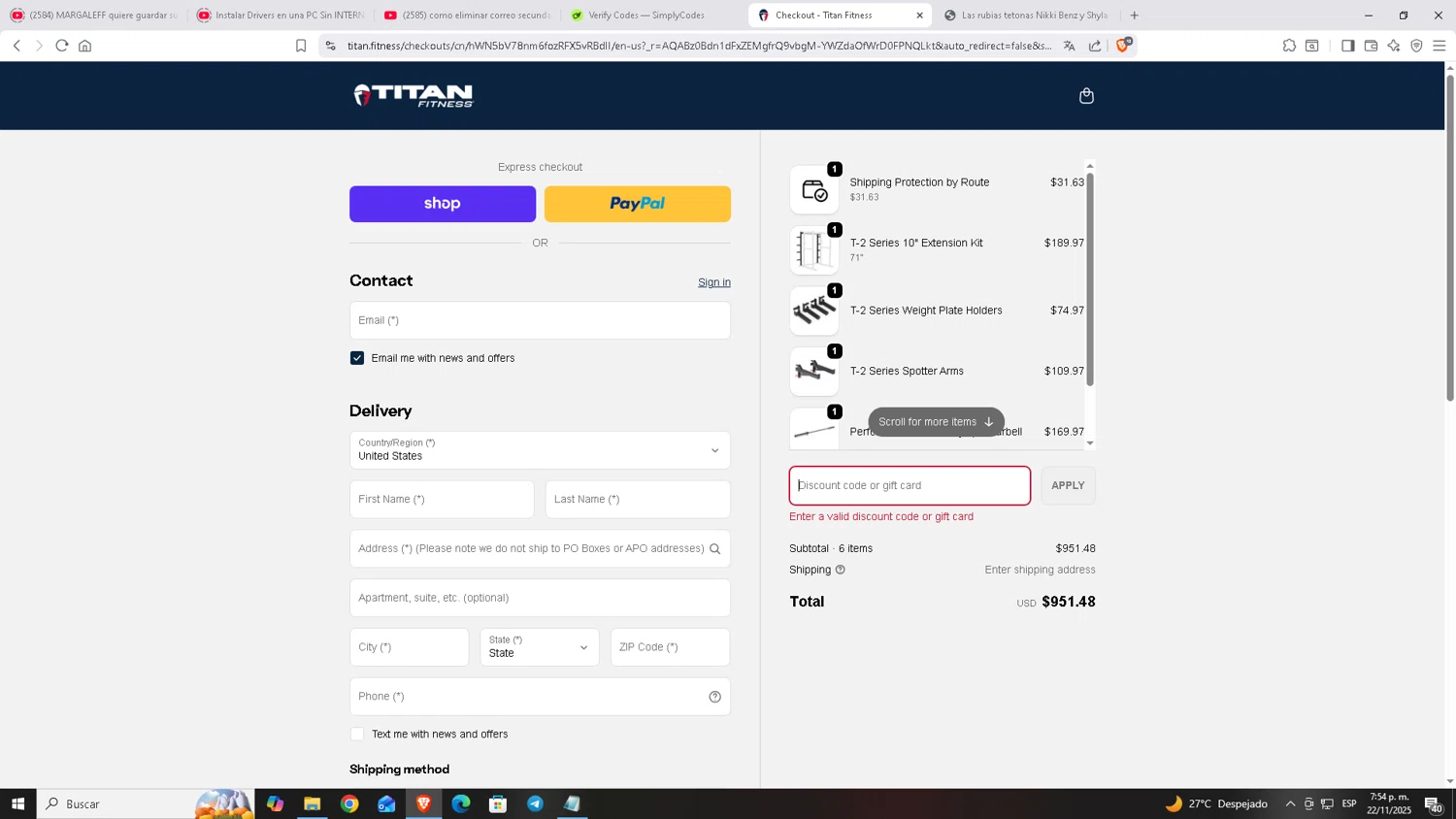 Titan Fitness discount code screenshot showing code CLAIM30%OFF applied at Titan Fitness checkout page. Uploaded by SimplyCodes community member Carloscoder_900457733 on Nov 22, 2025