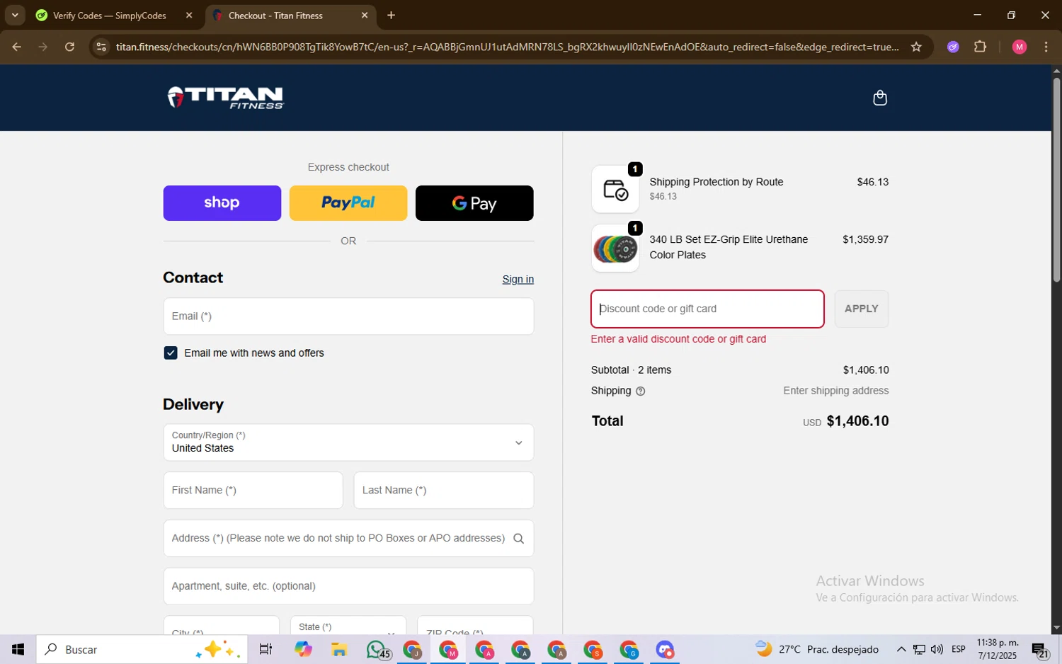 Titan Fitness discount code screenshot showing code UNLOCK35%OFF applied at Titan Fitness checkout page. Uploaded by SimplyCodes community member Chambeadoranonimo on Dec 8, 2025