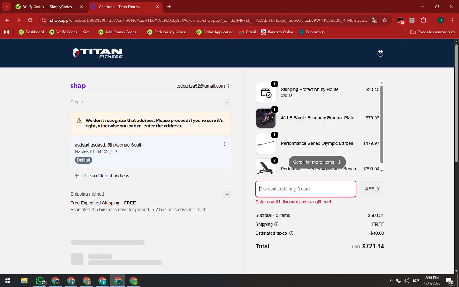 Titan Fitness discount code screenshot showing code UNLOCK35%OFF applied at Titan Fitness checkout page. Uploaded by SimplyCodes community member SilverAdmiral2559 on Dec 8, 2025