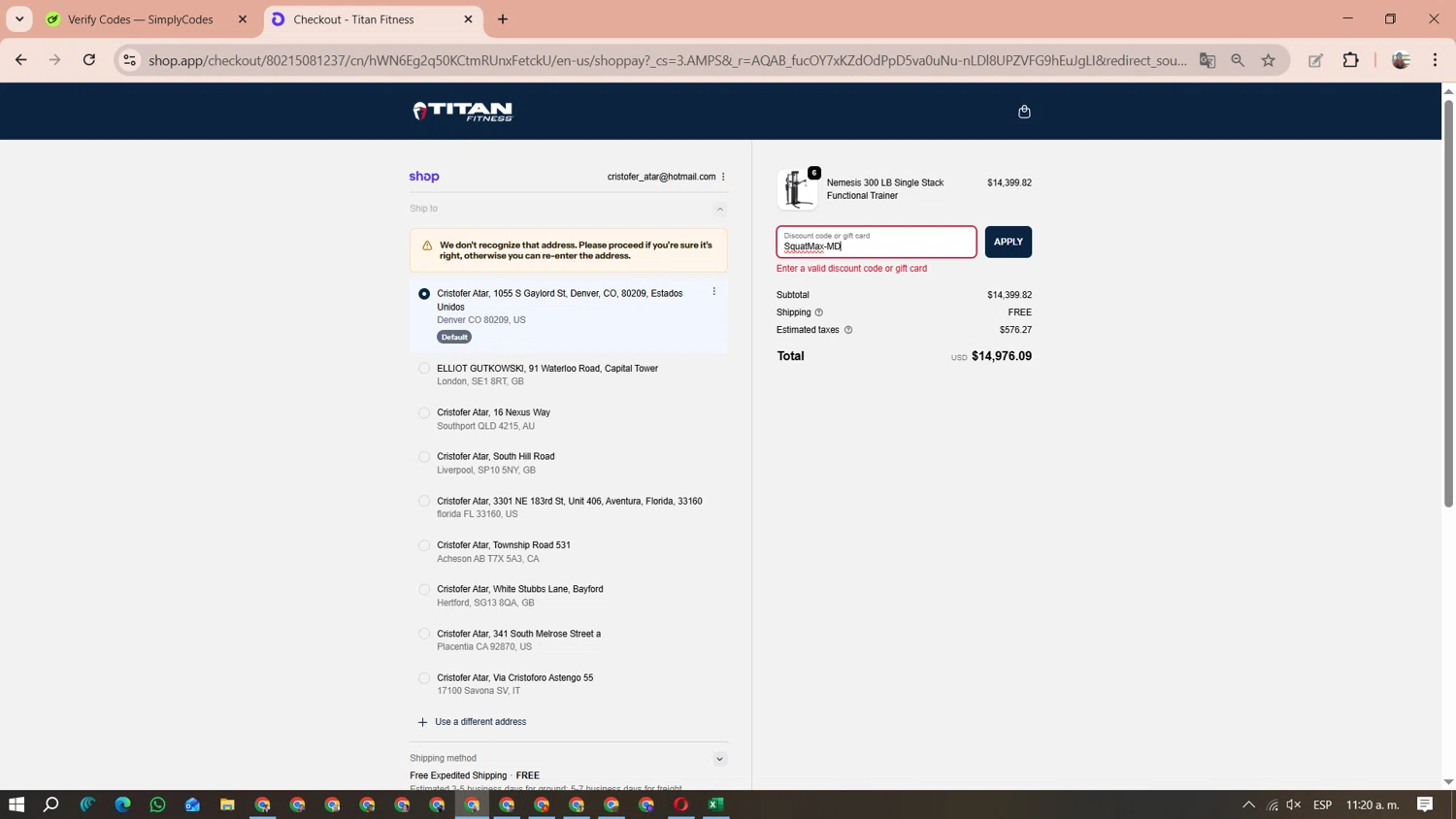 Titan Fitness discount code screenshot showing code SquatMax-MD applied at Titan Fitness checkout page. Uploaded by SimplyCodes community member MariAPB on Dec 9, 2025