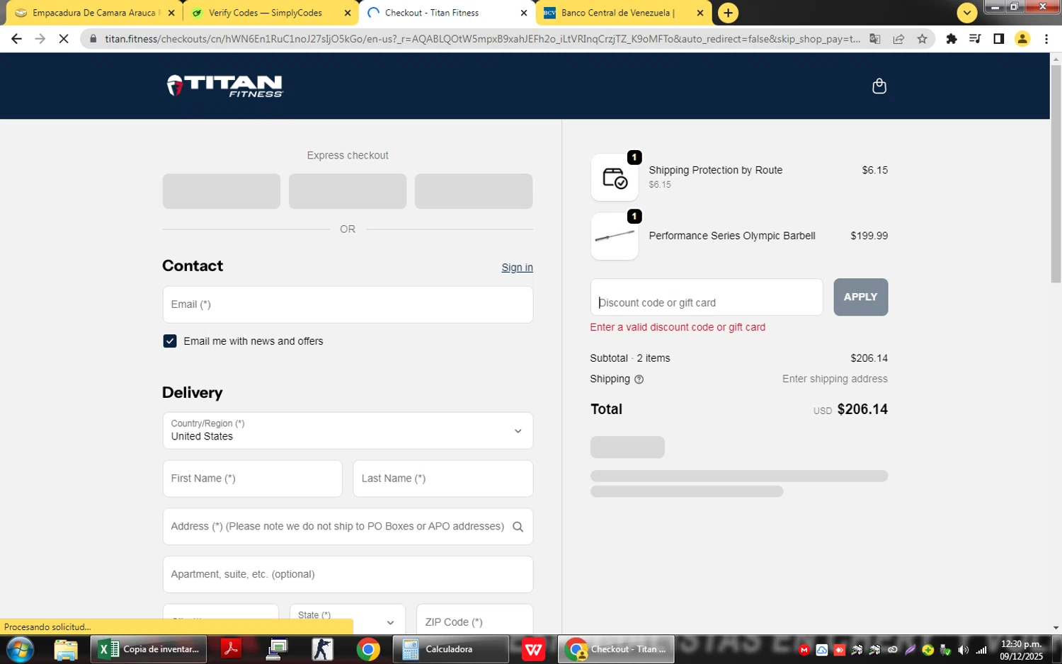 Titan Fitness discount code screenshot showing code SquatMax-MD applied at Titan Fitness checkout page. Uploaded by SimplyCodes community member QuestSage1300 on Dec 9, 2025