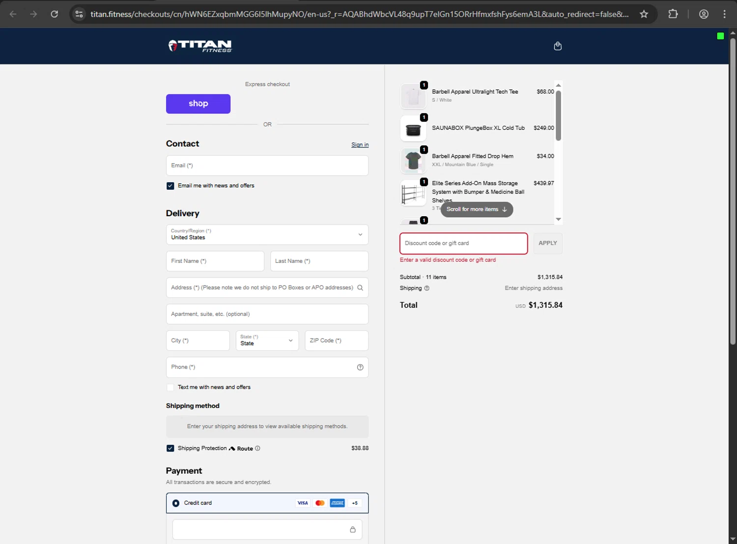 Titan Fitness discount code screenshot showing code SquatMax-MD applied at Titan Fitness checkout page. Uploaded by SimplyCodes community member nikelson on Dec 9, 2025