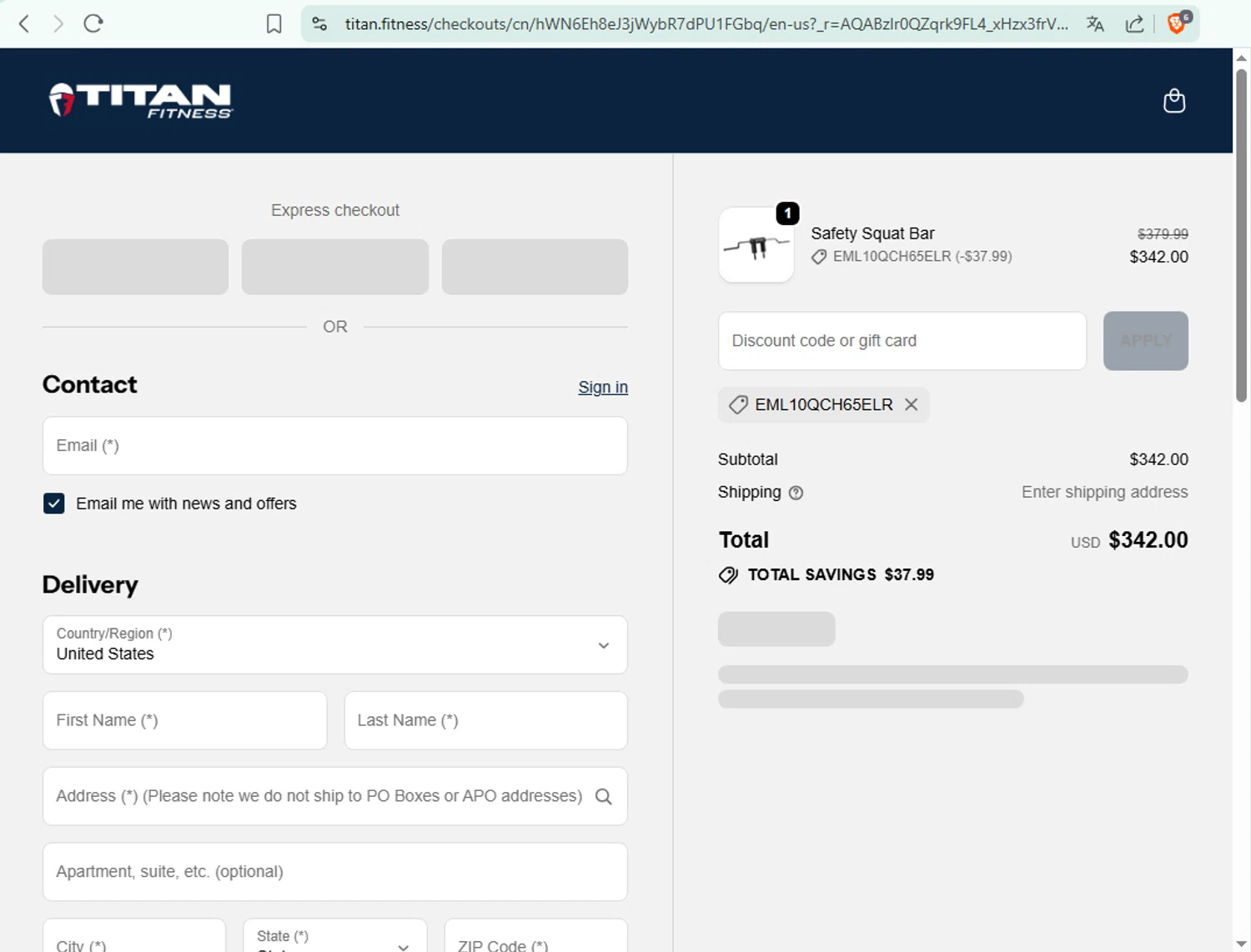 Titan Fitness checkout page showing Titan Fitness discount code box | Screenshot taken by SimplyCodes community member on Dec 9, 2025