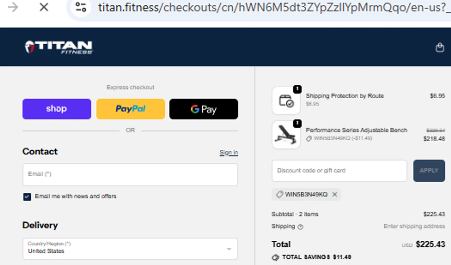 Titan Fitness discount code screenshot showing code WIN5B3N49KQ applied at Titan Fitness checkout page. Uploaded by SimplyCodes community member PennyOwl2559 on Dec 12, 2025