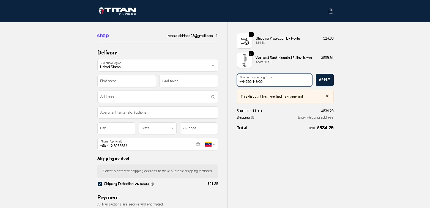 Titan Fitness discount code screenshot showing code WIN5B3N49KQ applied at Titan Fitness checkout page. Uploaded by SimplyCodes community member ValiantMaverick169 on Dec 23, 2025