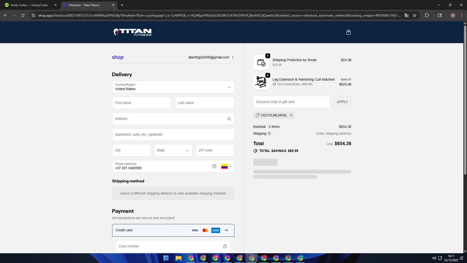 Titan Fitness checkout page showing Titan Fitness discount code box | Screenshot taken by SimplyCodes community member on Dec 25, 2025
