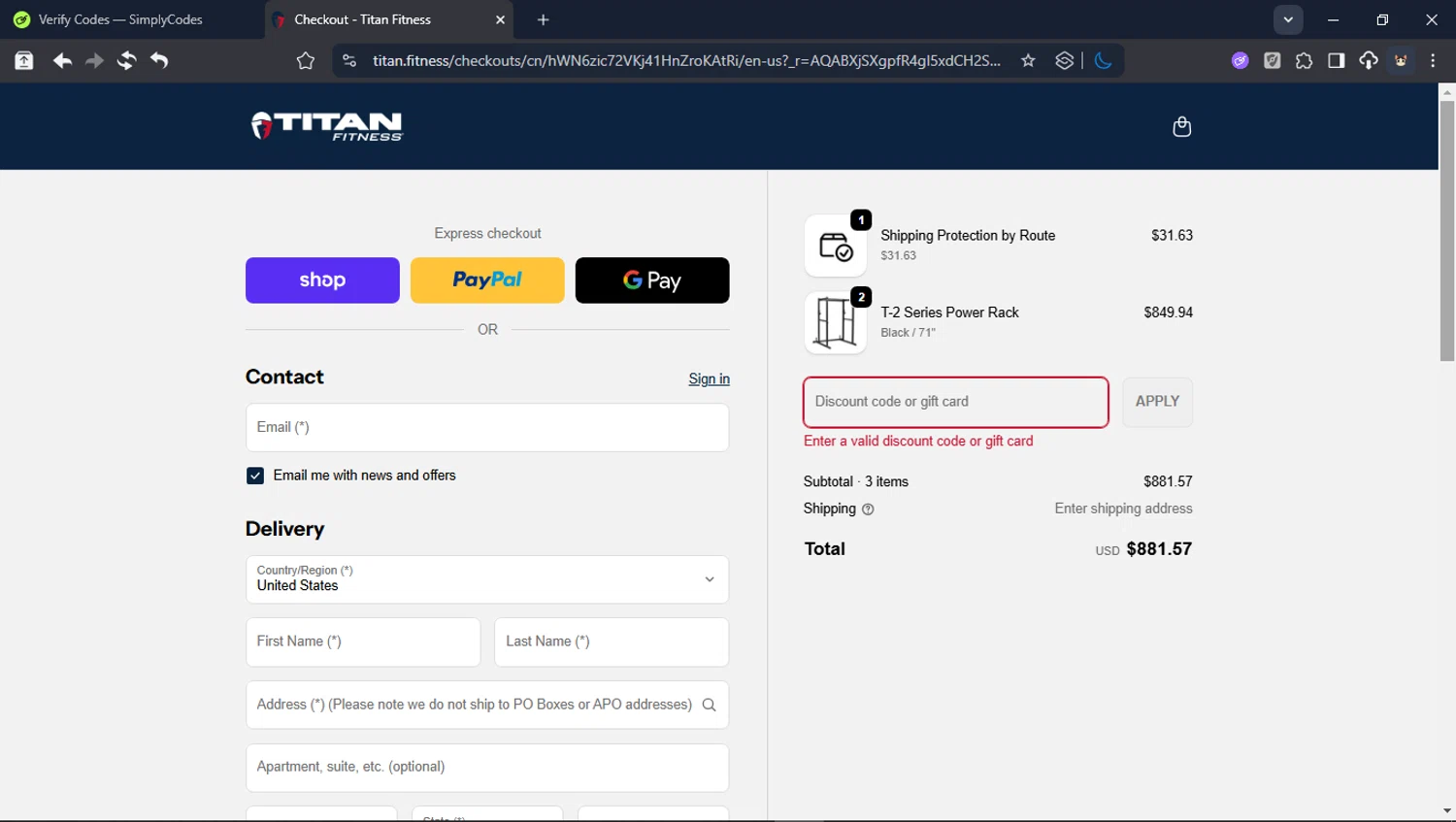Titan Fitness discount code screenshot showing code CEO10JHJKZLV applied at Titan Fitness checkout page. Uploaded by SimplyCodes community member CleverPioneer8971 on Dec 29, 2025