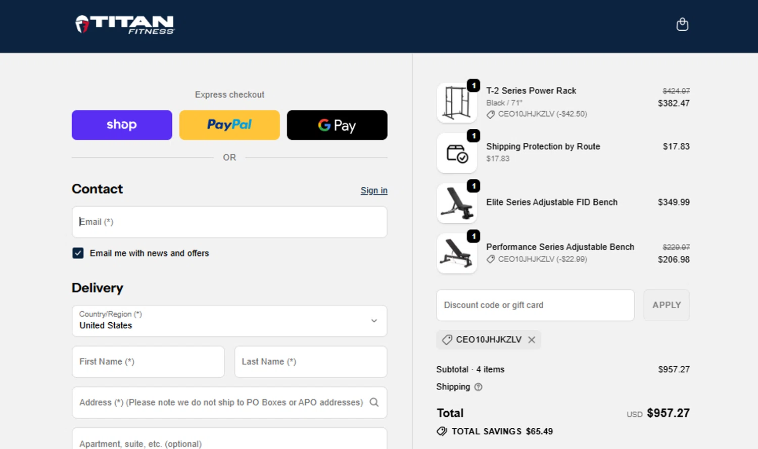 Titan Fitness discount code screenshot showing code CEO10JHJKZLV applied at Titan Fitness checkout page. Uploaded by SimplyCodes community member Sweety2021 on Dec 25, 2025