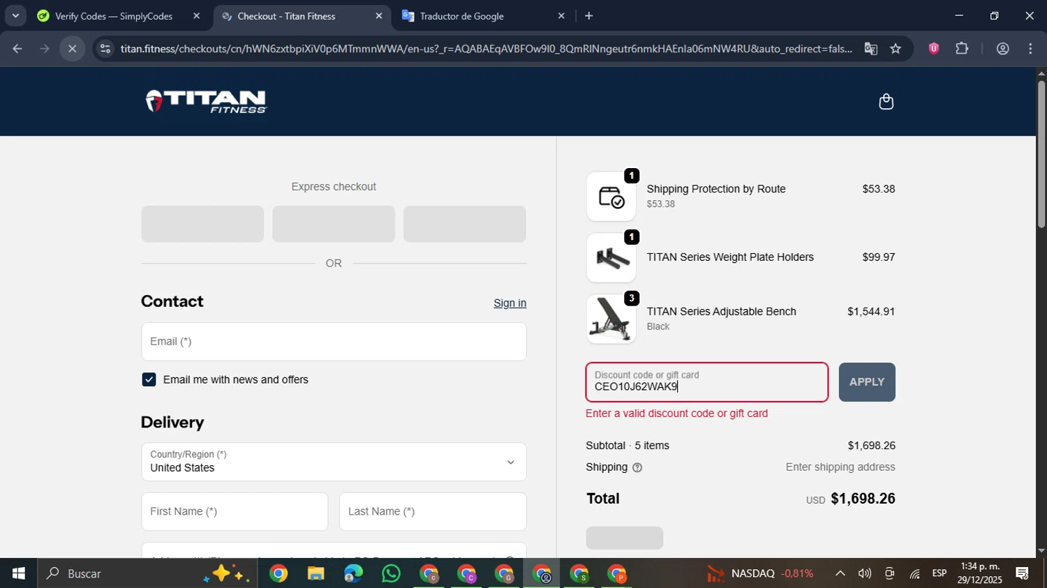 Titan Fitness discount code screenshot showing code CEO10J62WAK9 applied at Titan Fitness checkout page. Uploaded by SimplyCodes community member GloriousDefender7889 on Dec 29, 2025