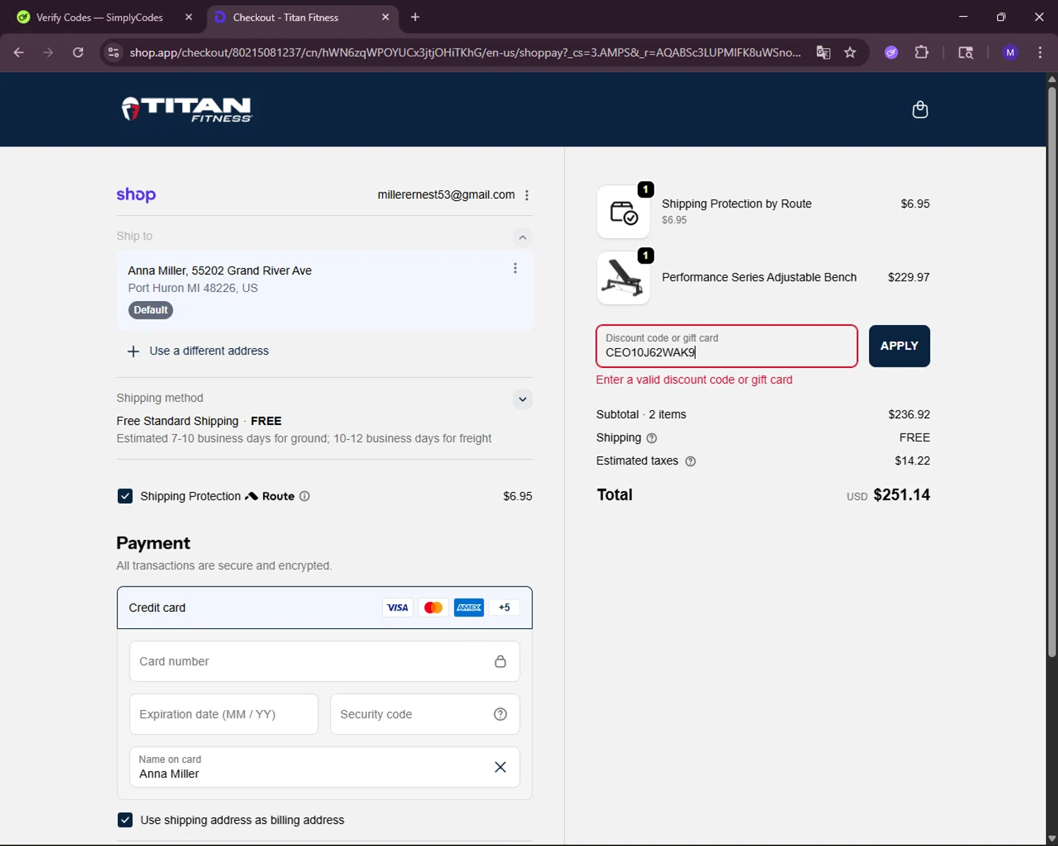 Titan Fitness discount code screenshot showing code CEO10J62WAK9 applied at Titan Fitness checkout page. Uploaded by SimplyCodes community member RewardLynx5307 on Dec 29, 2025