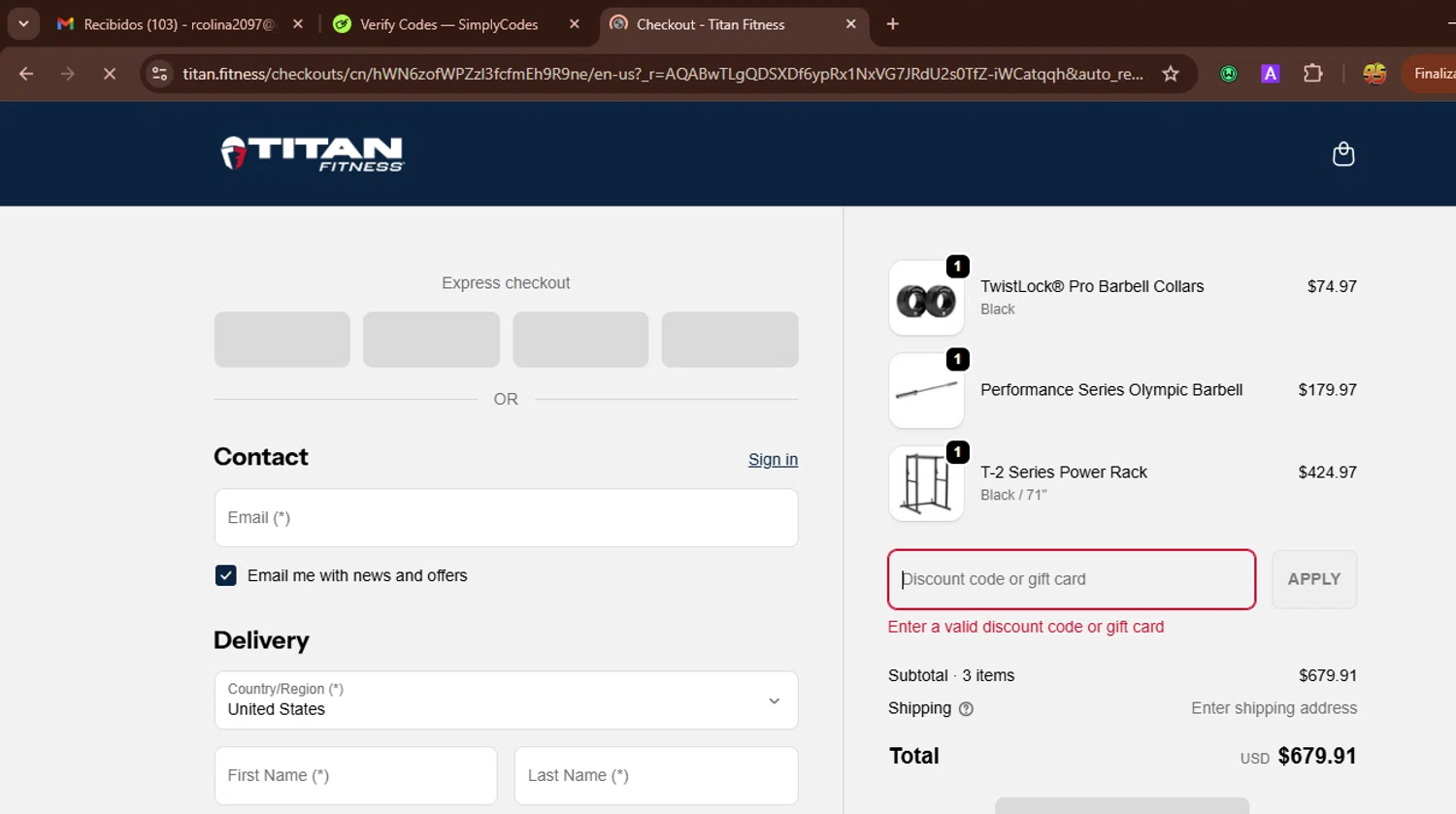 Titan Fitness discount code screenshot showing code CEO10J62WAK9 applied at Titan Fitness checkout page. Uploaded by SimplyCodes community member WonderWarden594 on Dec 29, 2025
