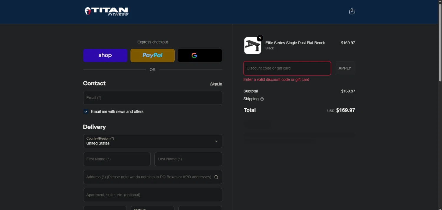Titan Fitness discount code screenshot showing code 33172 applied at Titan Fitness checkout page. Uploaded by SimplyCodes community member Phil_YNN on Jan 8, 2026