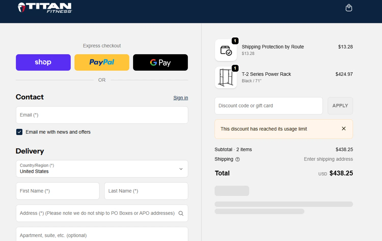 Titan Fitness discount code screenshot showing code WIN5B3LFU64 applied at Titan Fitness checkout page. Uploaded by SimplyCodes community member lyffytaro on Jan 20, 2026