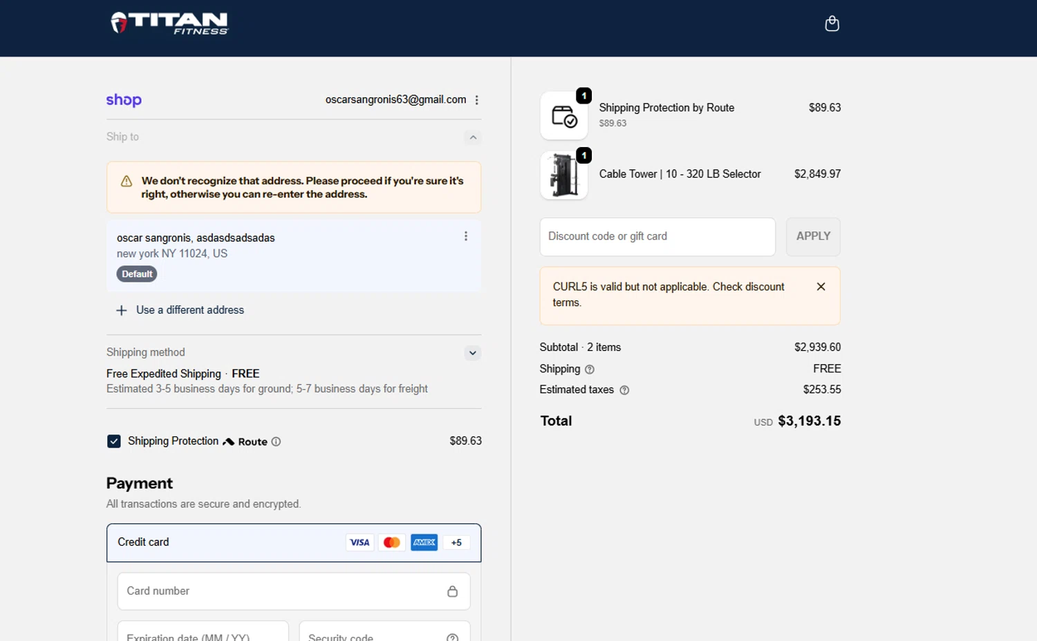Titan Fitness checkout page showing Titan Fitness discount code box | Screenshot taken by SimplyCodes community member on Jan 12, 2026