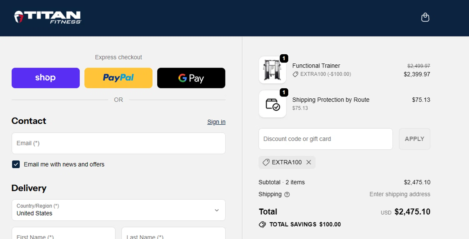 Titan Fitness promo code screenshot showing code EXTRA100 applied at Titan Fitness checkout page. Uploaded by SimplyCodes community member SilverMakeup on Feb 4, 2026