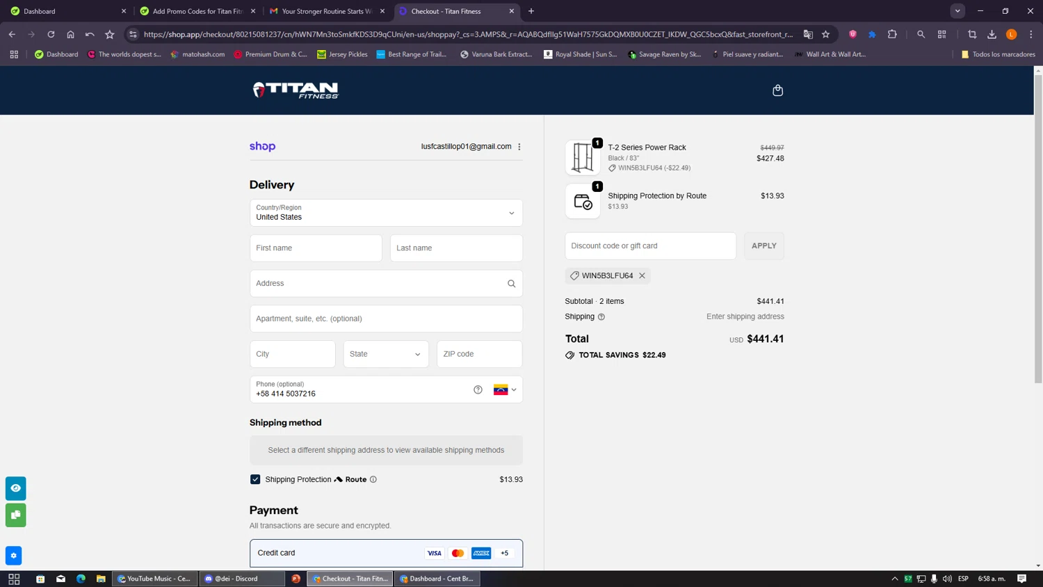 Titan Fitness discount code screenshot showing code WIN5B3LFU64 applied at Titan Fitness checkout page. Uploaded by SimplyCodes community member VayneChambeadora on Jan 9, 2026