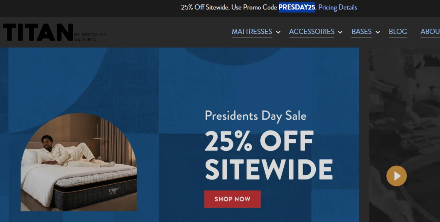 Titan Mattress promo code screenshot showing code PRESDAY25 applied at Titan Mattress checkout page. Uploaded by SimplyCodes community member josemiguelaponte on Jan 31, 2026