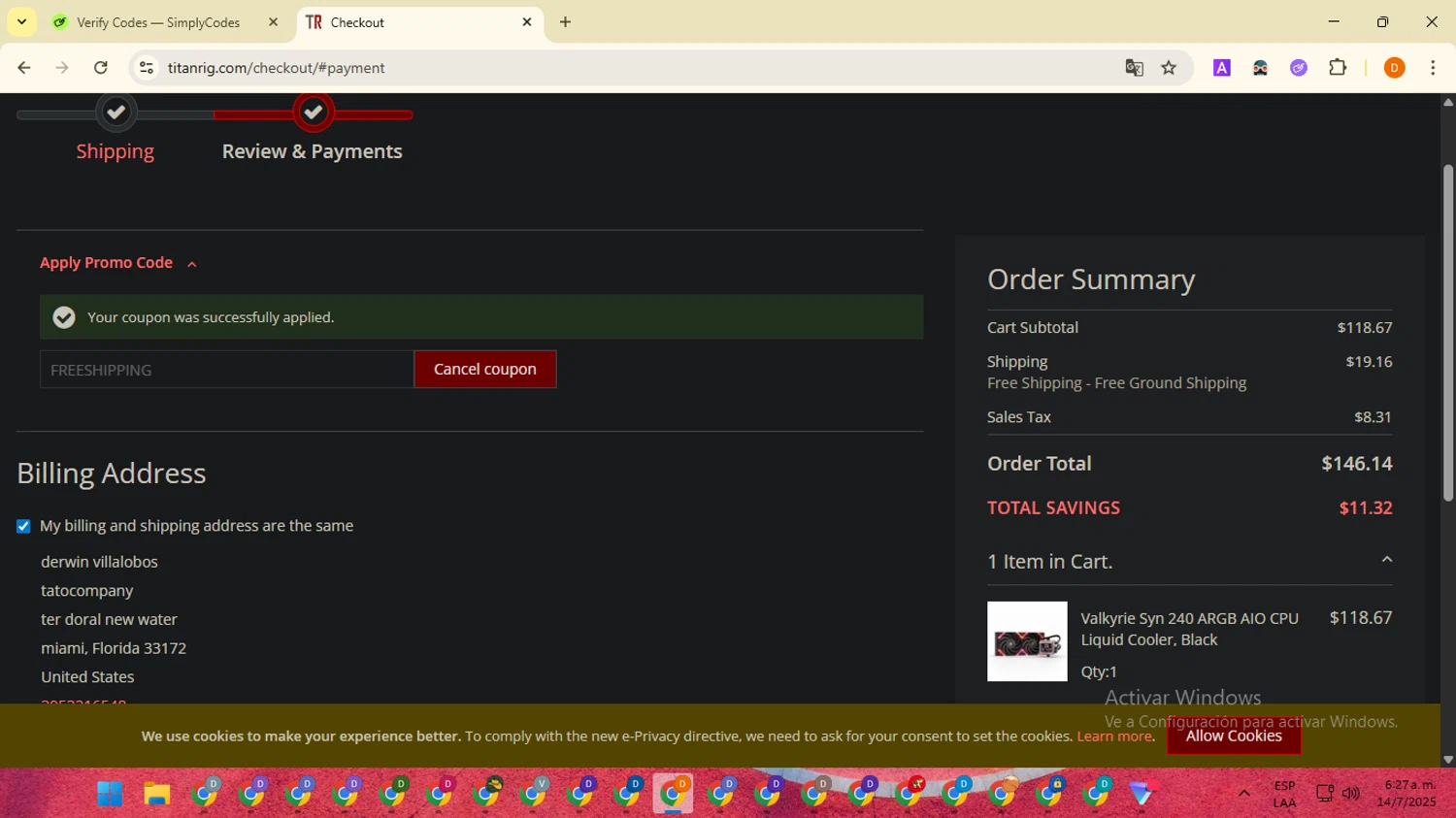 Titan Rig promo code screenshot showing code FREESHIPPING applied at Titan Rig checkout page. Uploaded by SimplyCodes community member SavingsMaverick3203 on Jul 14, 2025