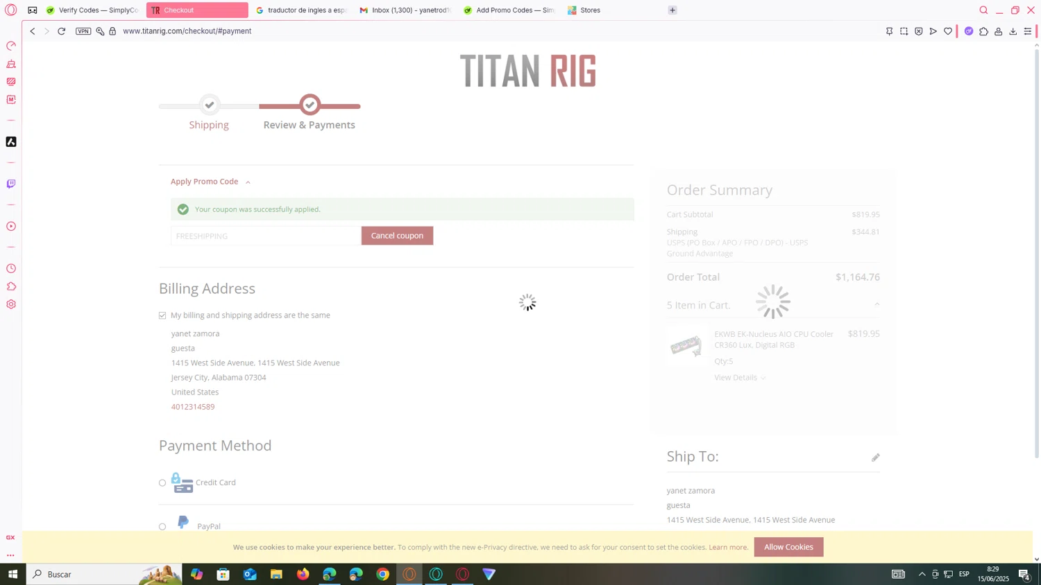 Titan Rig promo code screenshot showing code FREESHIPPING applied at Titan Rig checkout page. Uploaded by SimplyCodes community member yanetrod on Jun 15, 2025