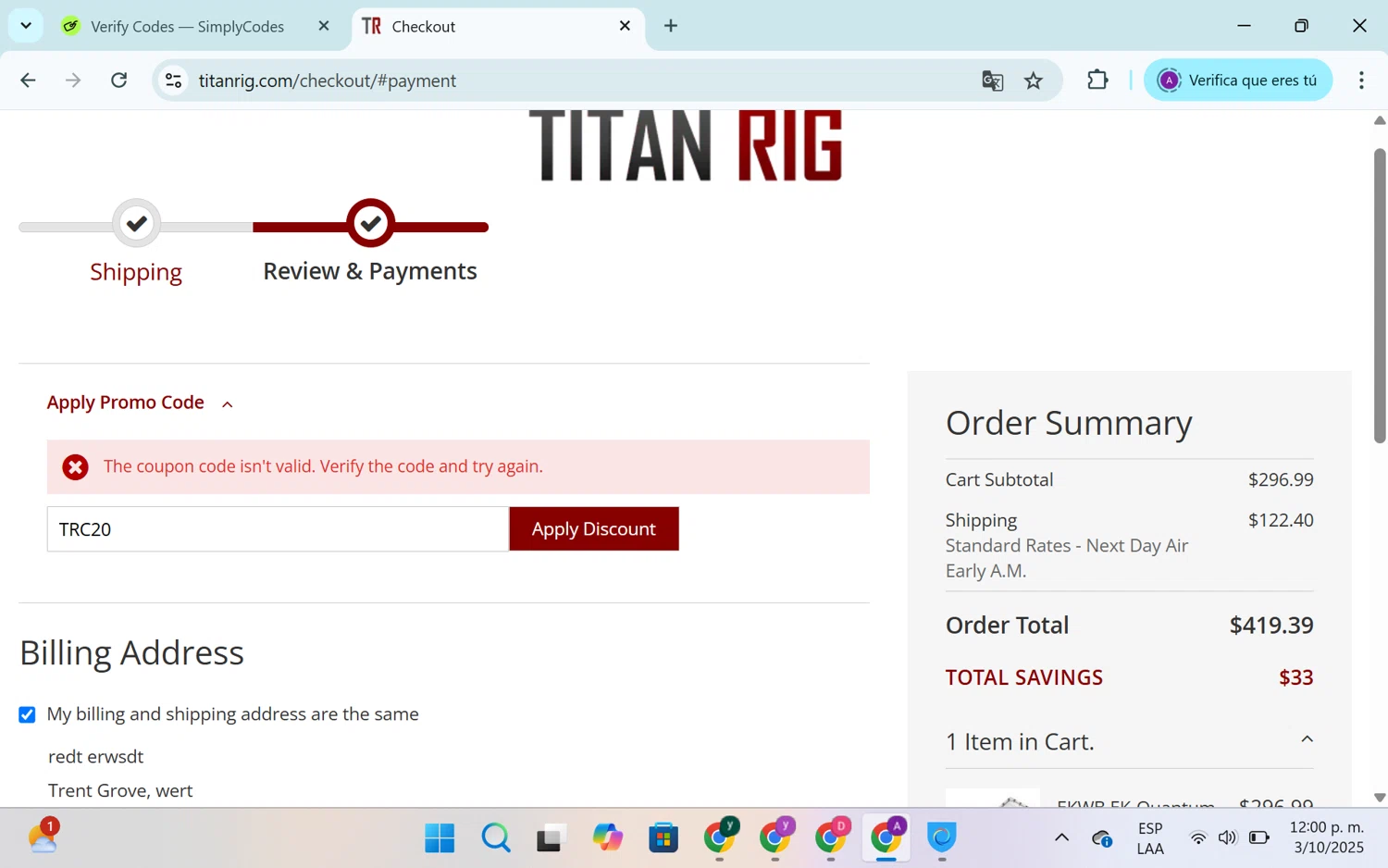 Titan Rig promo code screenshot showing code TRC20 applied at Titan Rig checkout page. Uploaded by SimplyCodes community member SEANJOHN55 on Oct 3, 2025