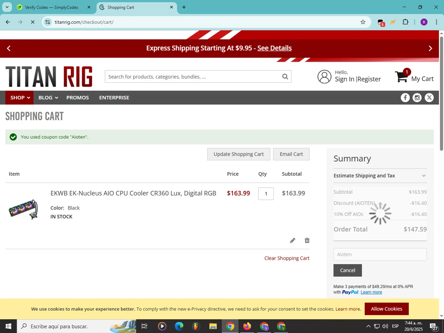 Titan Rig promo code screenshot showing code Aioten applied at Titan Rig checkout page. Uploaded by SimplyCodes community member Soyvictor on Jun 20, 2025