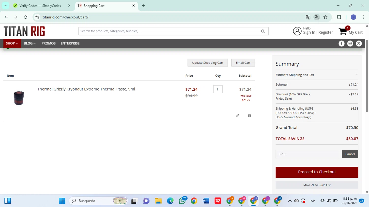 Titan Rig checkout page showing Titan Rig promo code box | Screenshot taken by SimplyCodes community member on Nov 26, 2025
